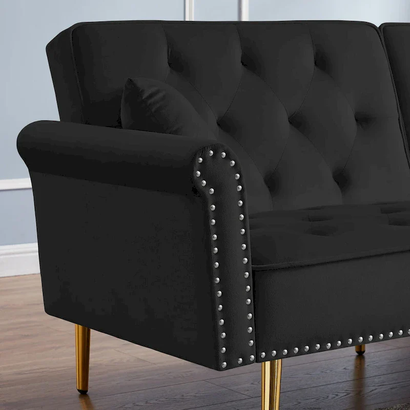 Velvet Tufted Sofa Couch with 2 Pillows and Nailhead Trim