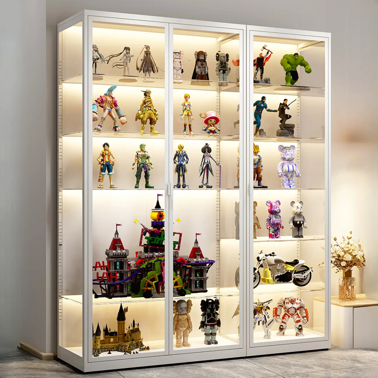 Freestanding Modern Metal Glass LED Lighted Curio Cabinet