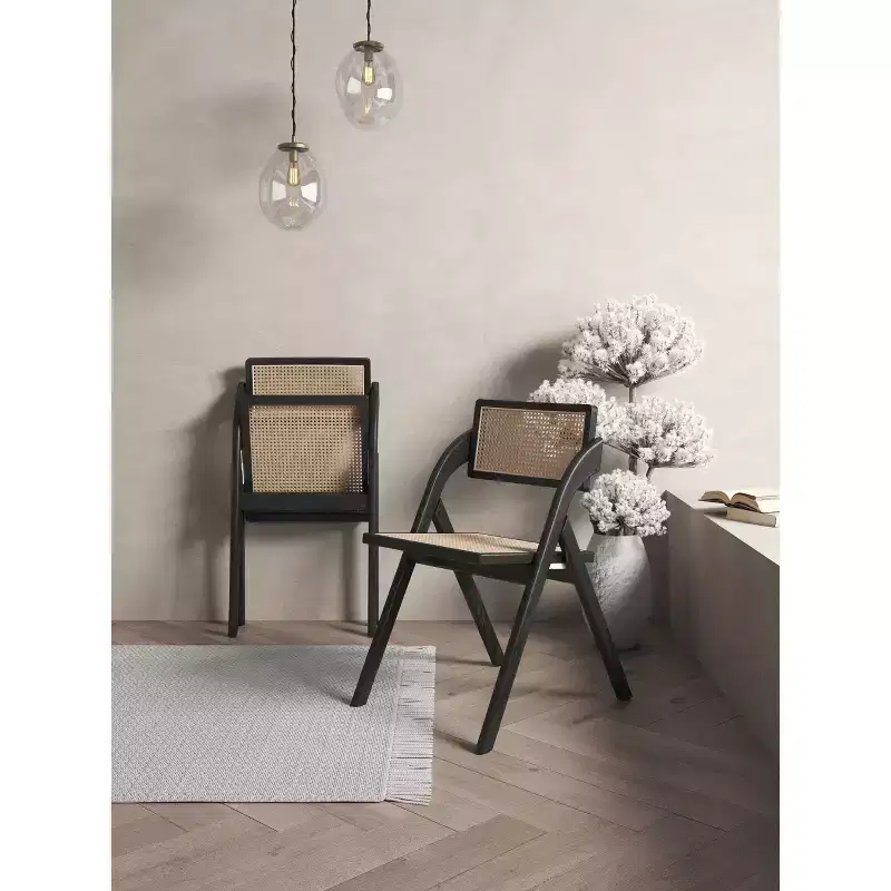 Set of 4 Lambinet Cane Folding Dining Chairs Black/Natural - Manhattan Comfort: Ash Frame, No Assembly Required