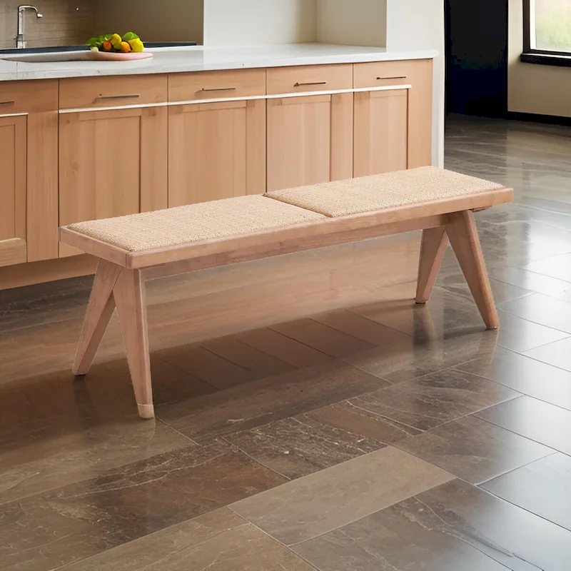 Tina 51 Inch Dining Bench, Transitional Woven Rattan, Natural Brown Wood