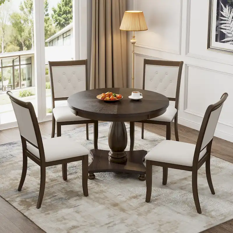 5 Piece Dining Table Set, Solid Wood Kitchen Dining Room Table Set with Round Dining Table and 4 Upholstered Chairs
