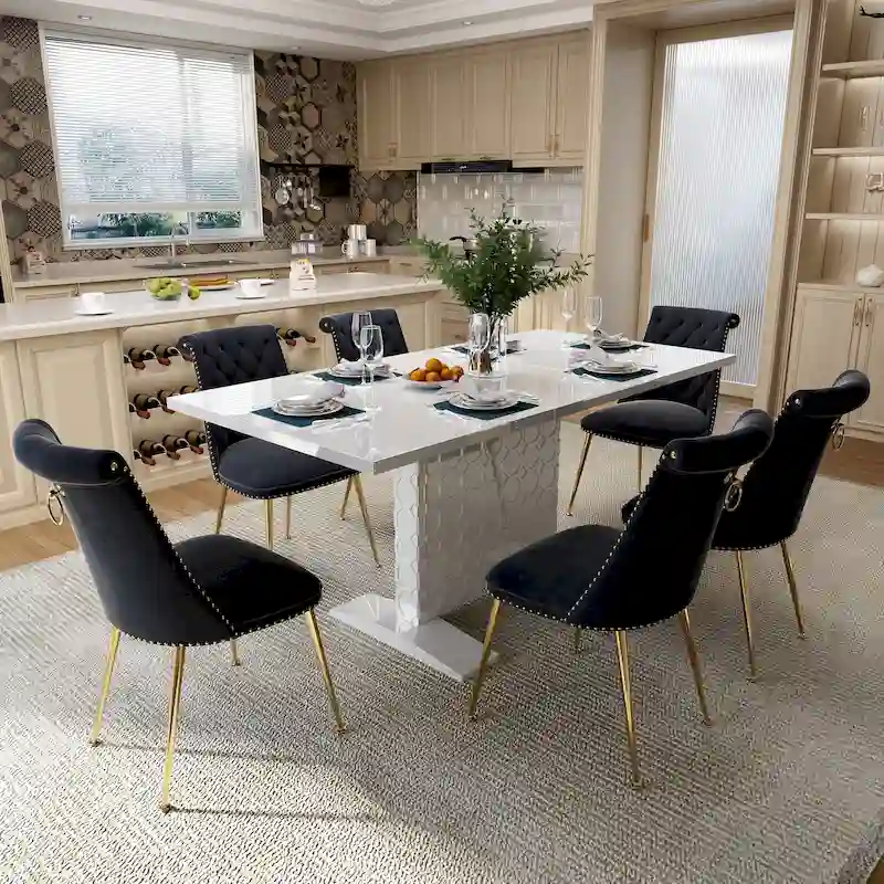 7-Piece Clihome High-gloss Extendable Table Velvet Chair Dining Set