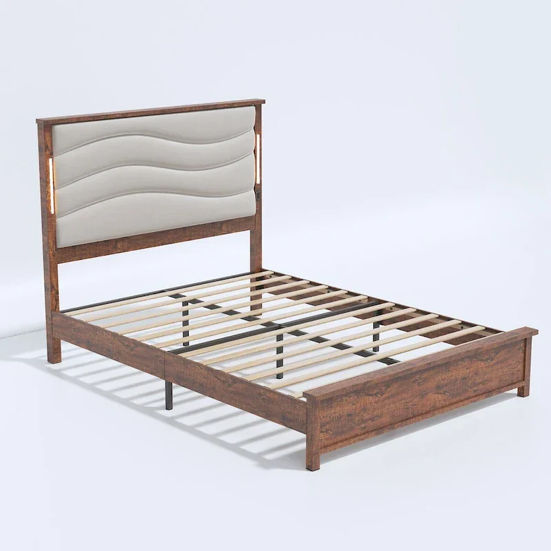 King Bed Frame with Upholstered Headboard, Charging Station, LED Lights, Wood Slats, No Box Spring Needed, Easy Assembly