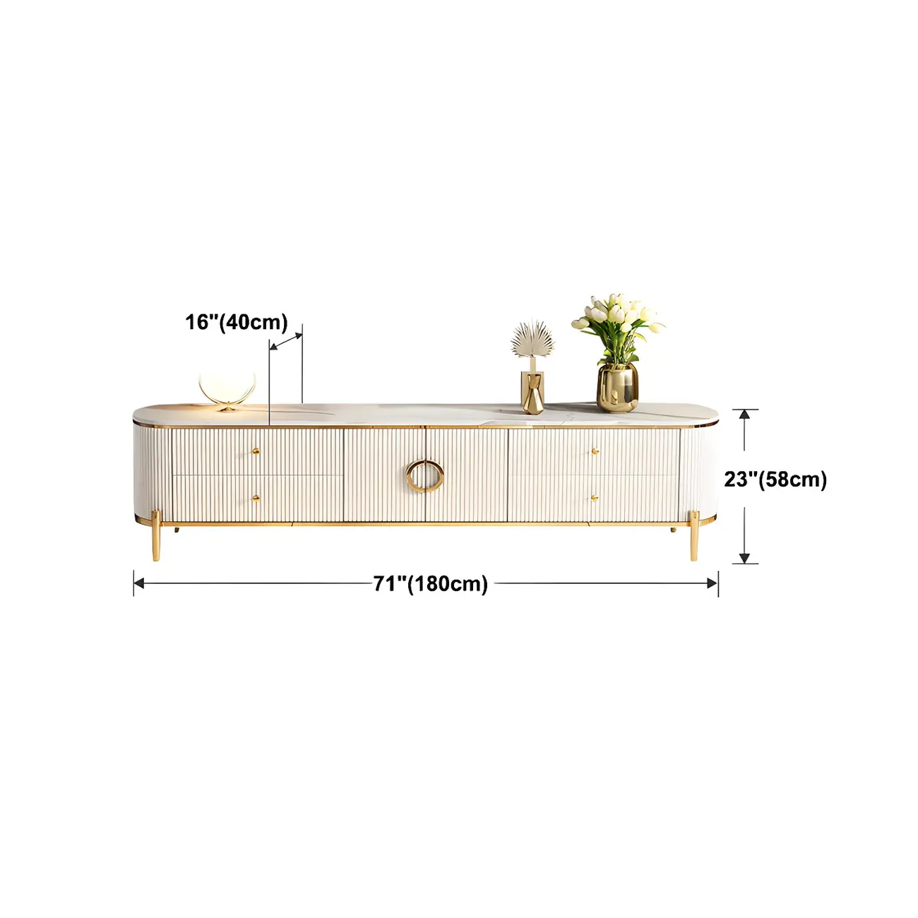 Glam White Stone TV Stand with Drawers and Legs for Home