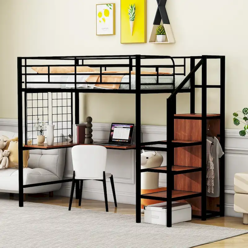 Twin Size Metal Loft Bed with Desk, Storage Ladder and Wardrobe