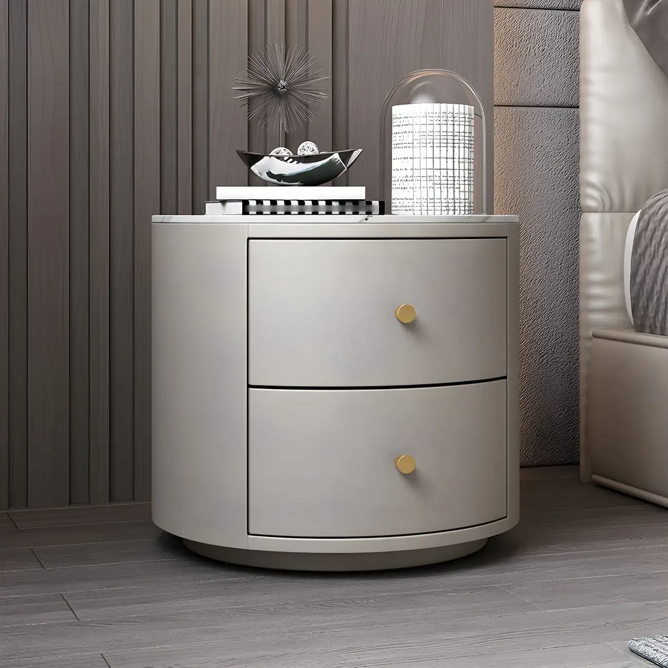 Modern Faux Leather Round Bedside Table with Two Drawers in Grey