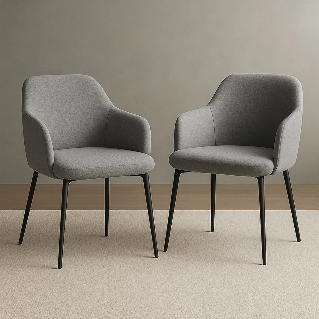 Lot de 2 chaises rembourrées en tissu gris avec pieds en métal noire