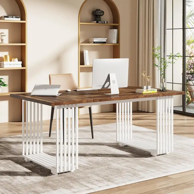 70.9 Modern Office Desk Wood Computer Desk, White Gold Executive Desk