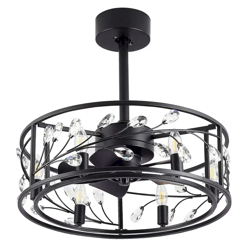 20-In Black Crystal Caged Ceiling Fan with Light Remote-6 Light