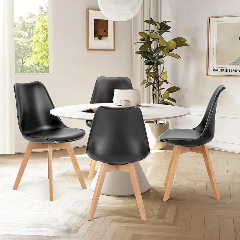 Black PU Leather Dining Chairs with Beech Wood Legs - Set of 4