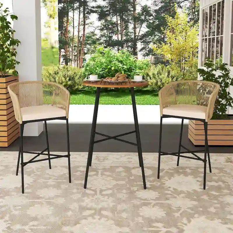 Costway 3 PCS Rope Woven Patio Bar Set with Soft Cushions and Acacia - See Details