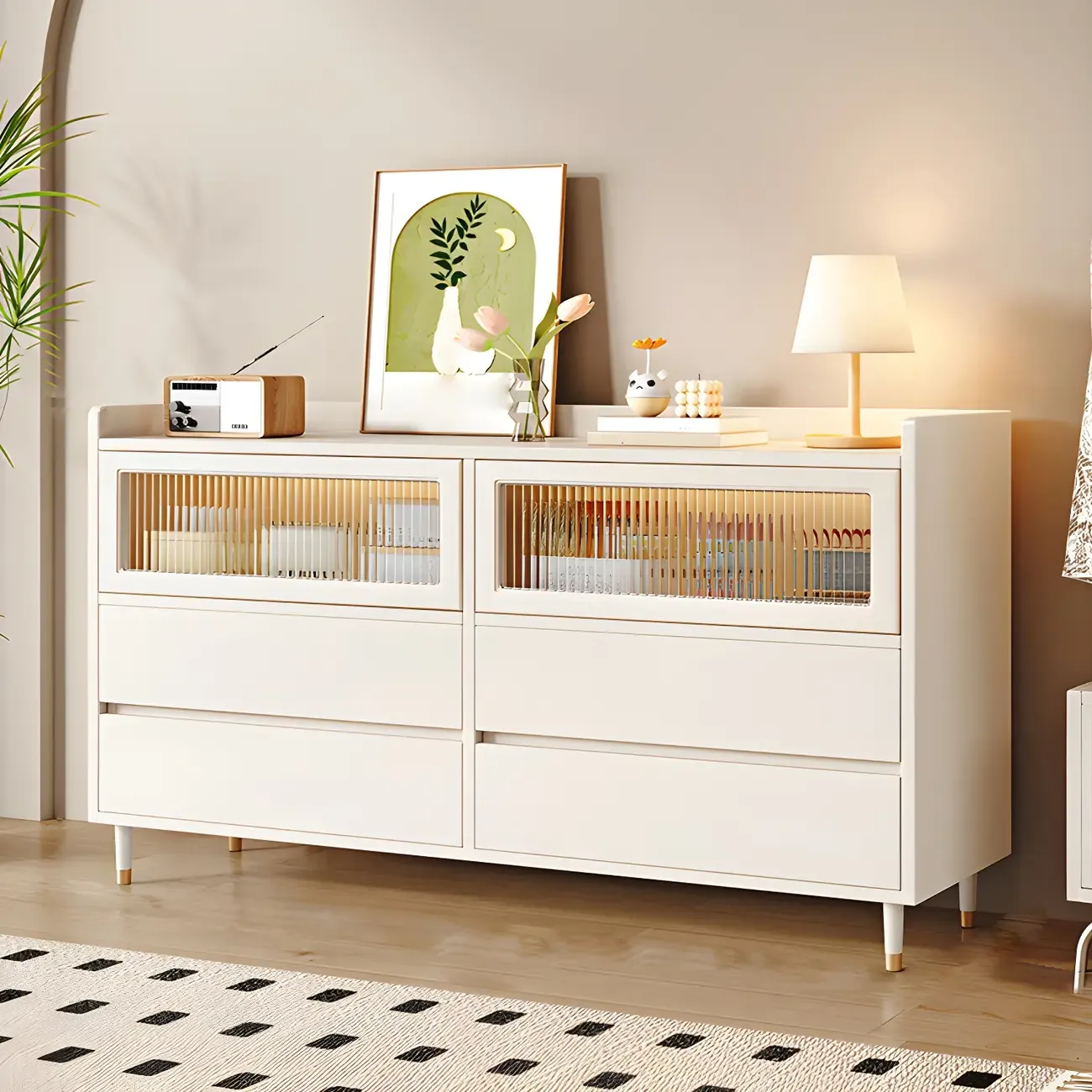 Elegant White Wooden Double Dresser with Cabinets & Drawers