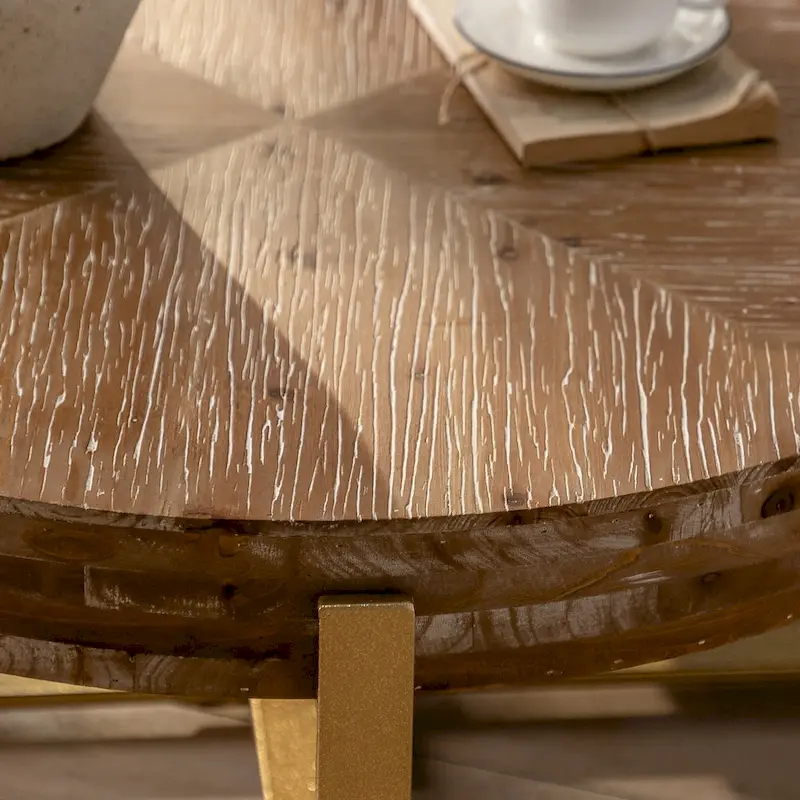 31 W Round Coffee Table With Fir Wood Table Top and Metal Frame End Table