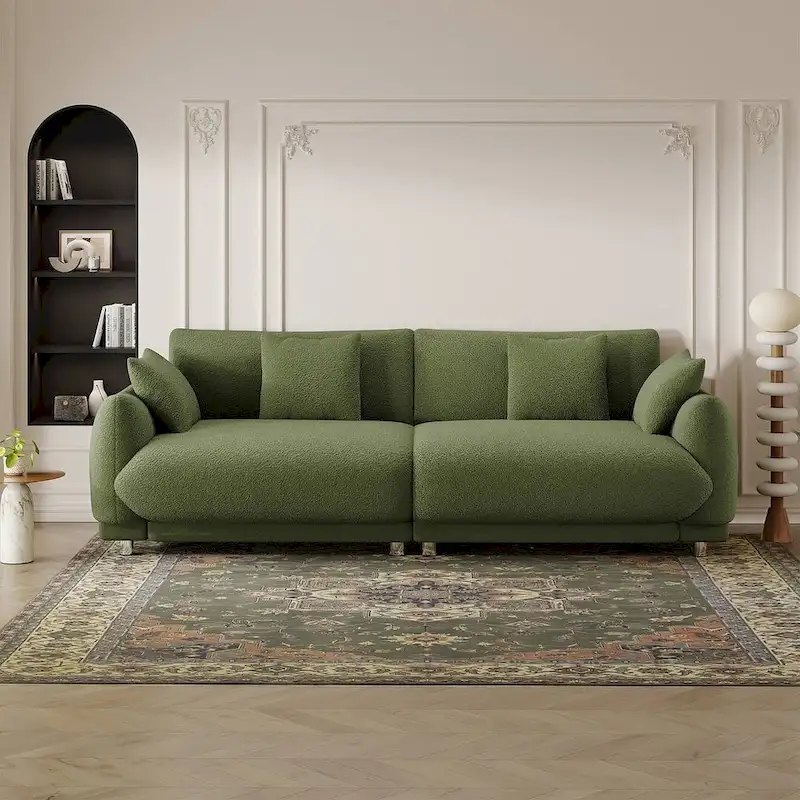 Modern Teddy Velvet 3-Seat Sofa with 4 Pillows & Metal Legs, 86.6