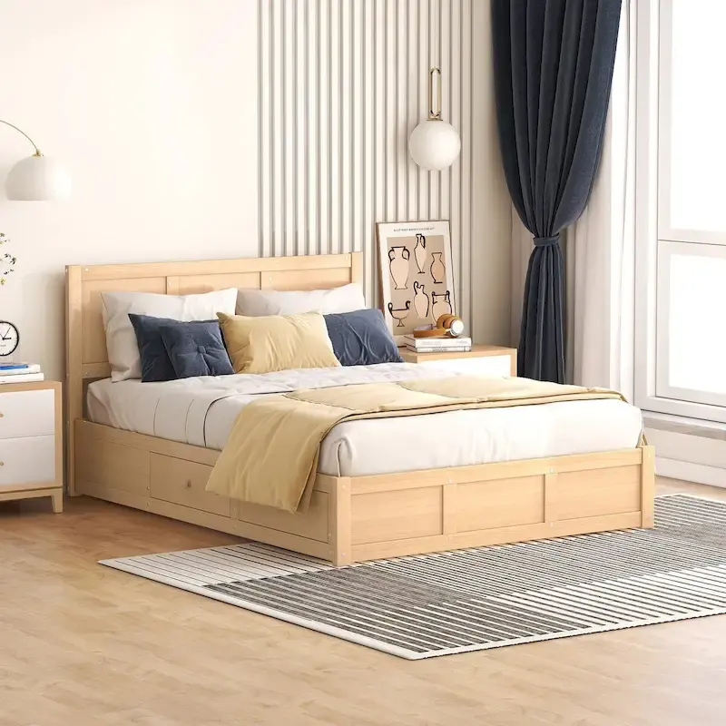 Wood Platform Bed with Underneath Storage and 2 Drawers