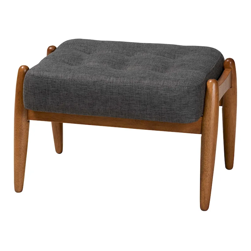 Jeanine Japandi Dark Grey Fabric and Walnut Brown Finished Wood Ottoman Footstool