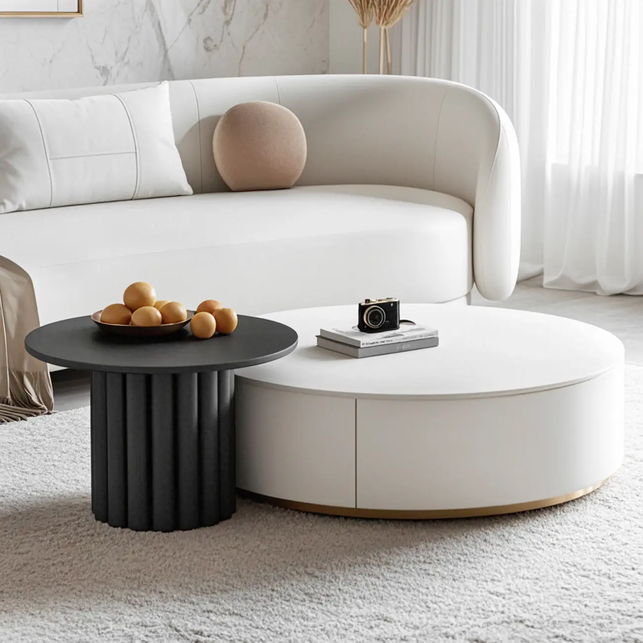 Black White Modern Stylish Round Wood Drawer Coffee Table