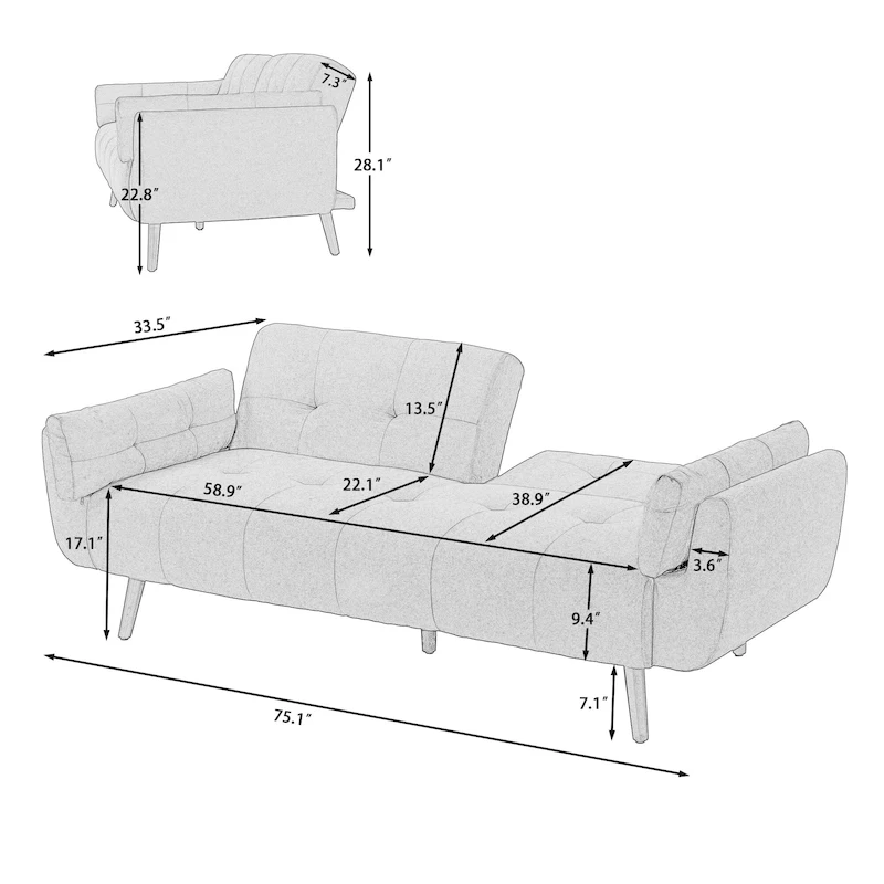 Modern Adjustable Backrest Convertible Futon Sleeper Couch