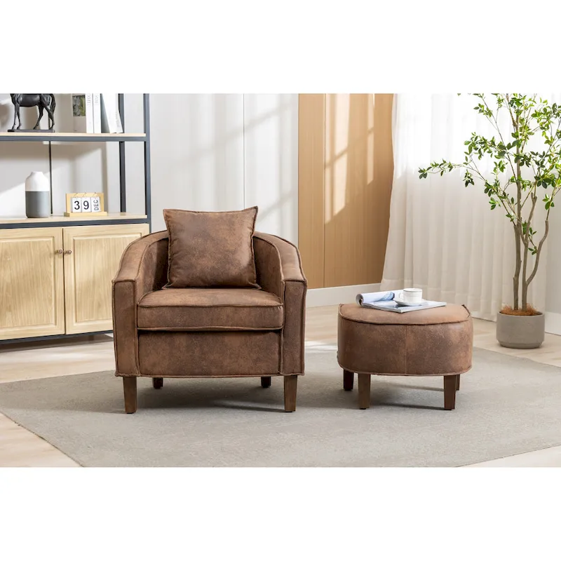 Mid-Century Upholstered Barrel Accent Round Arm Chair with Ottoman