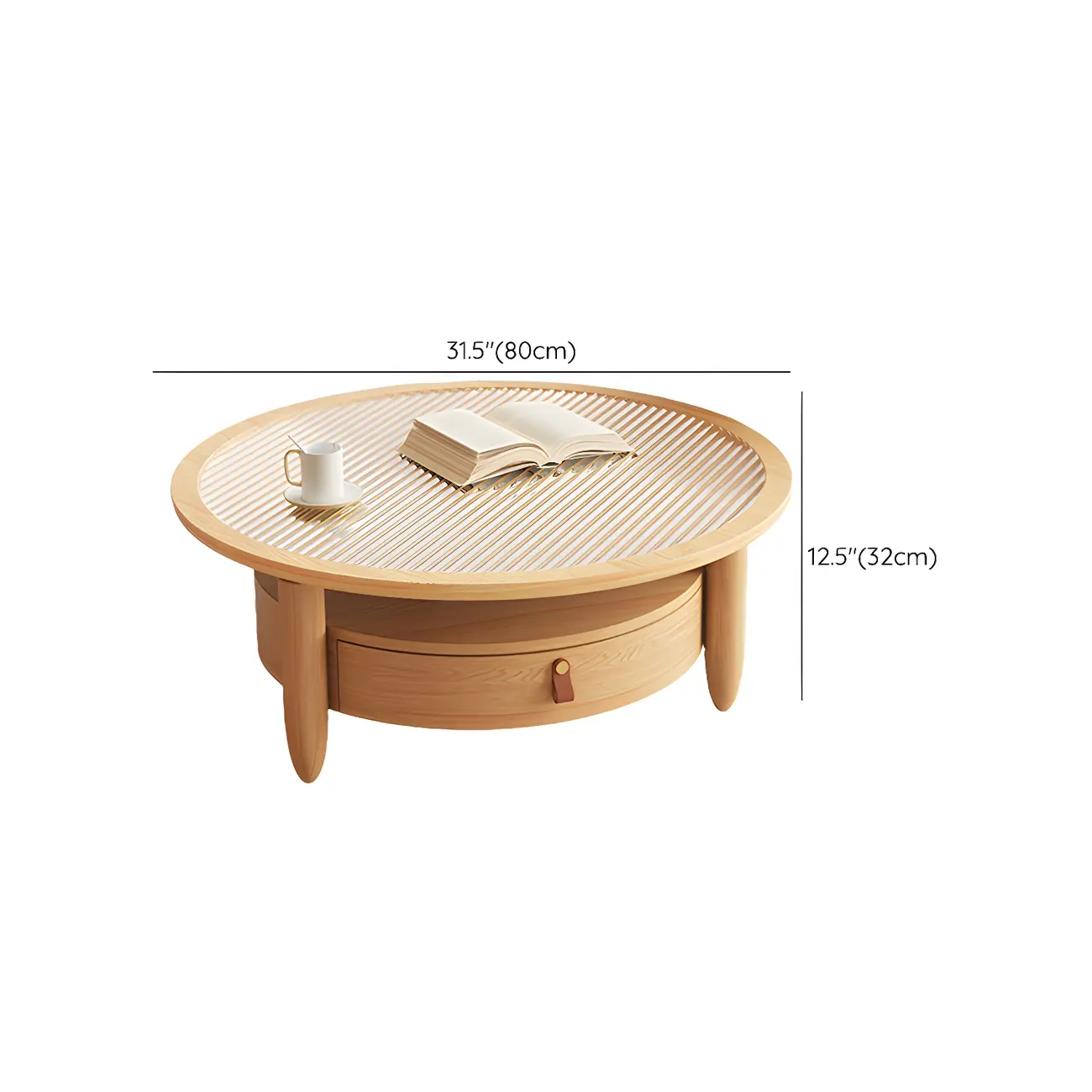 Brown Round Modern Wood Glass Drawer Coffee Table