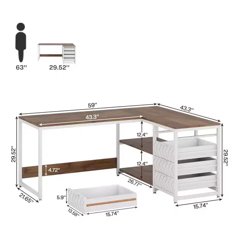 MAYEERTY Reversible L-Shaped Desk with 2-Tier Shelf & 4 Drawers