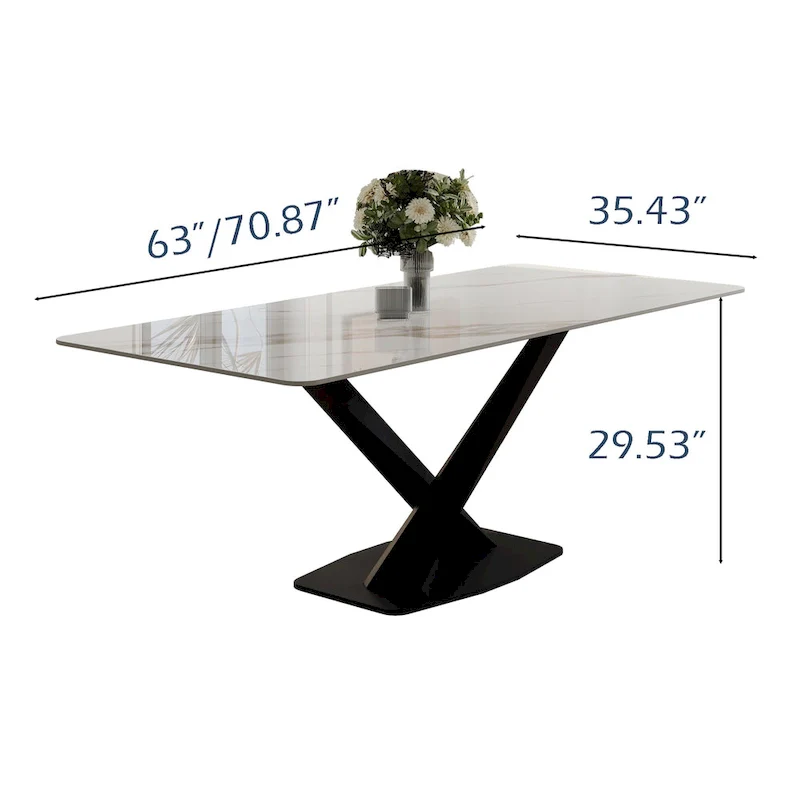 Modern Rectangular Dining table with Glossy Sintered Stone Table top, White Kitchen Table