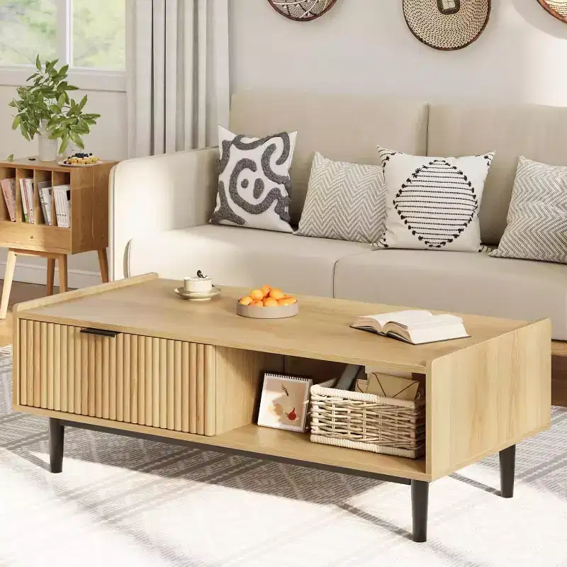 Beige Fluted Rectangle Coffee Table with 2 Drawers and Open Shelves, 4-Leg Design
