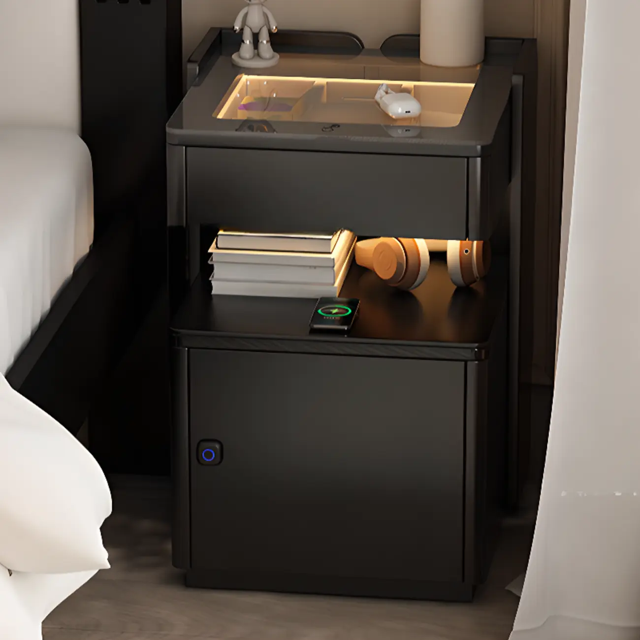 Modern Black Glass Top Drawer USB Nightstand with Cabinet