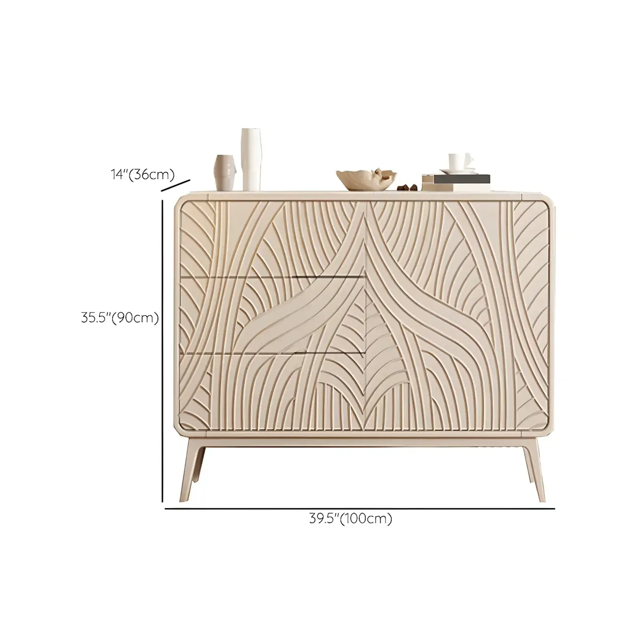 Glam White-Wood Protruding Lines Soft-Close Drawers Dresser