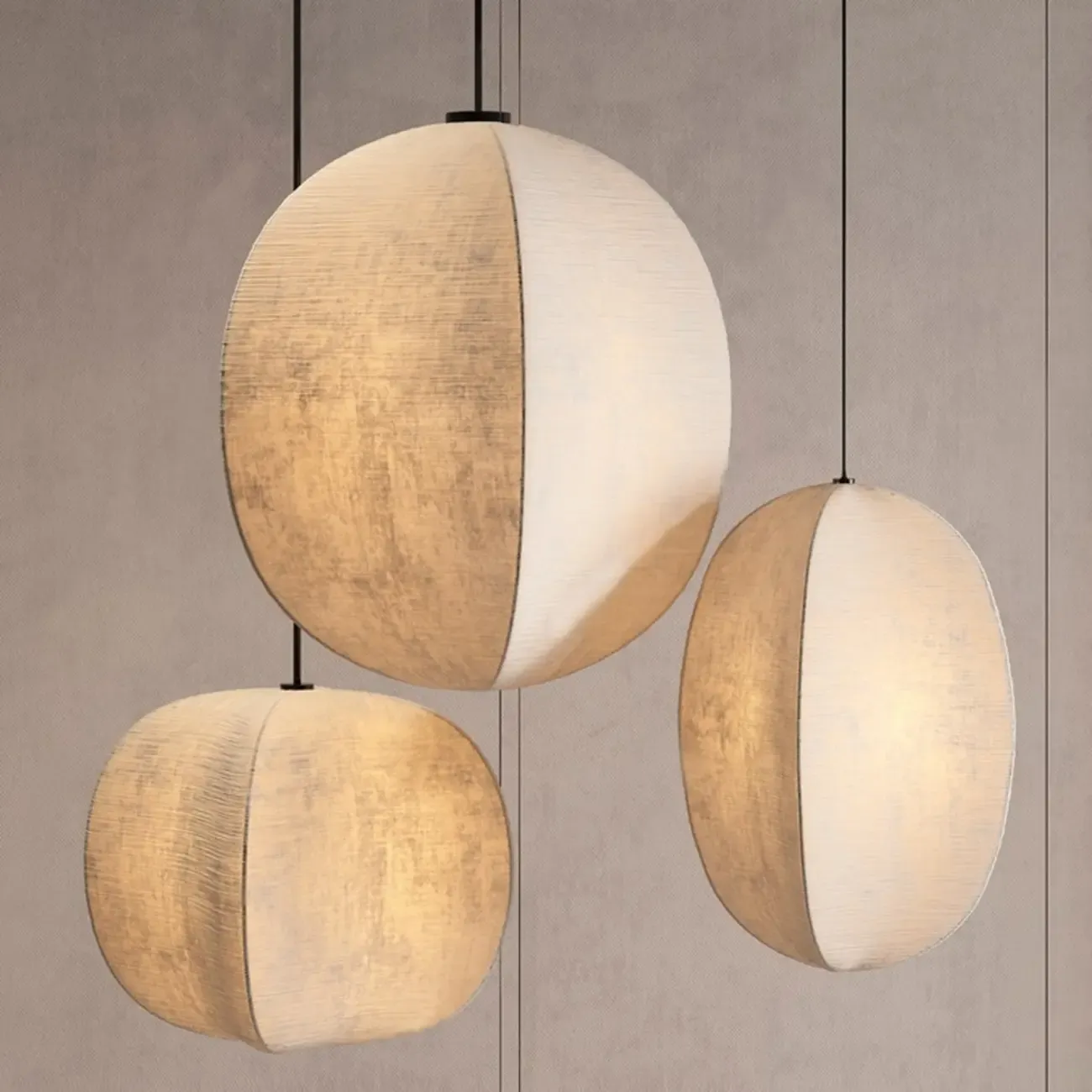 Modern Beige Fabric Geometric Pendant Light Adjustable Height