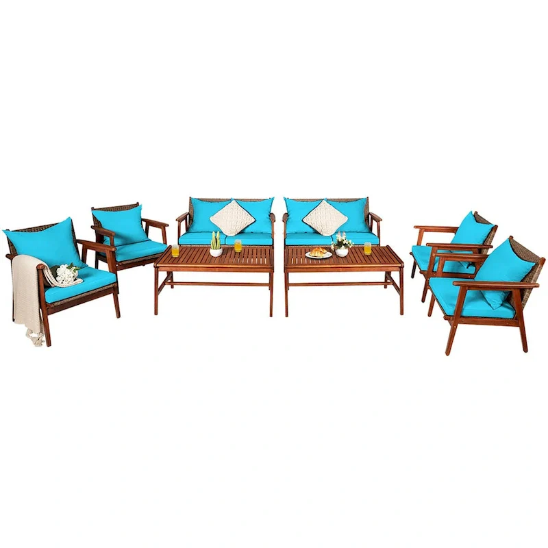 Costway 8PCS Patio Rattan Furniture Set Acacia Wood Frame Cushioned