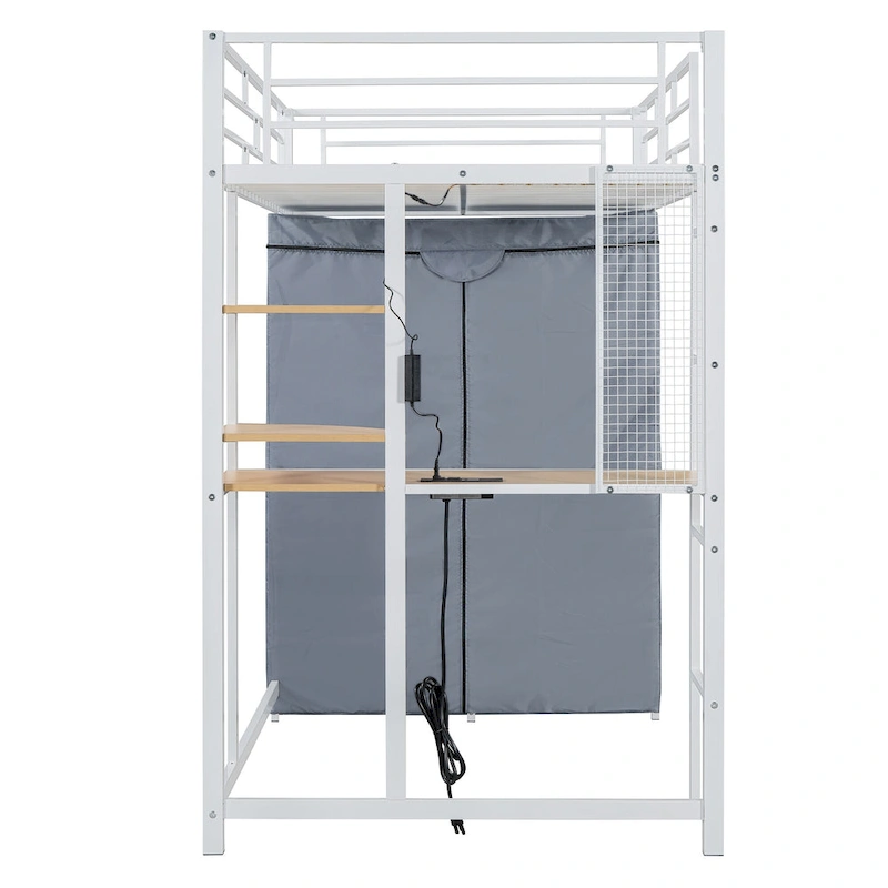 Twin Metal Loft Bed with Built-in Desk, Wardrobe & Power Outlet - 350LB Capacity