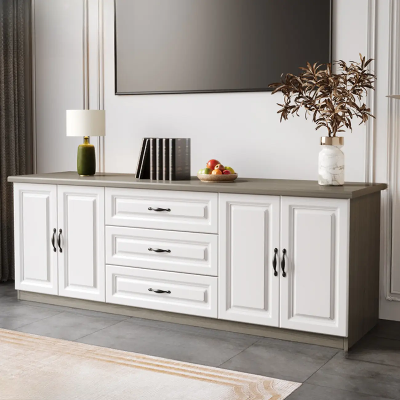 Modern Long Wood TV Stand with Cabinets