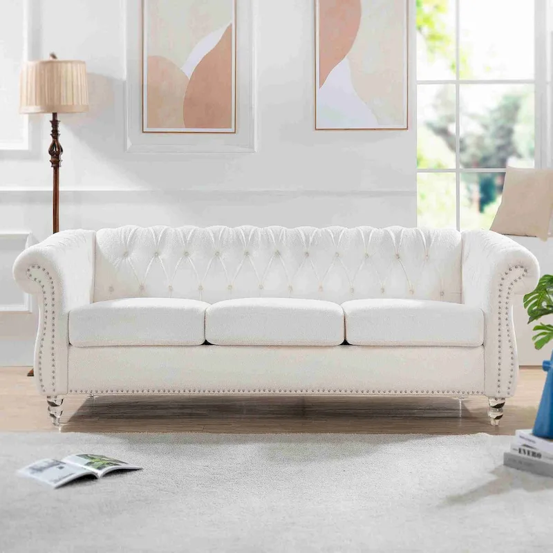 White Rolled Arm Chesterfield 3-Seater Sofa