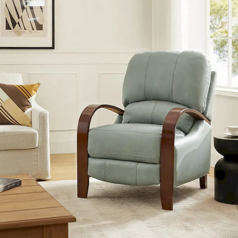 Alex Mid-century Modern Cigar Genuine Leather Manual Recliner with Wooden Curved Arms