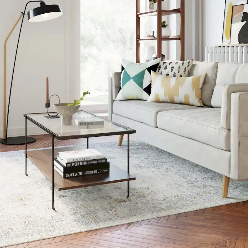 Mid-Century Coffee Table with Glass Top and Oak Shelf
