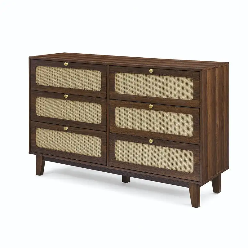 Grondin Mid-Century Modern Boho Style 6 Rattan Drawers Double Dresser with MDF Frame and Solid Wood Legs,