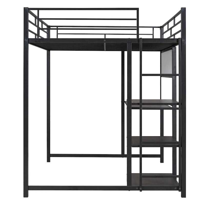 Black Metal Loft Bed with Desk, Whiteboard, and 3 Shelves, Includes Ladder