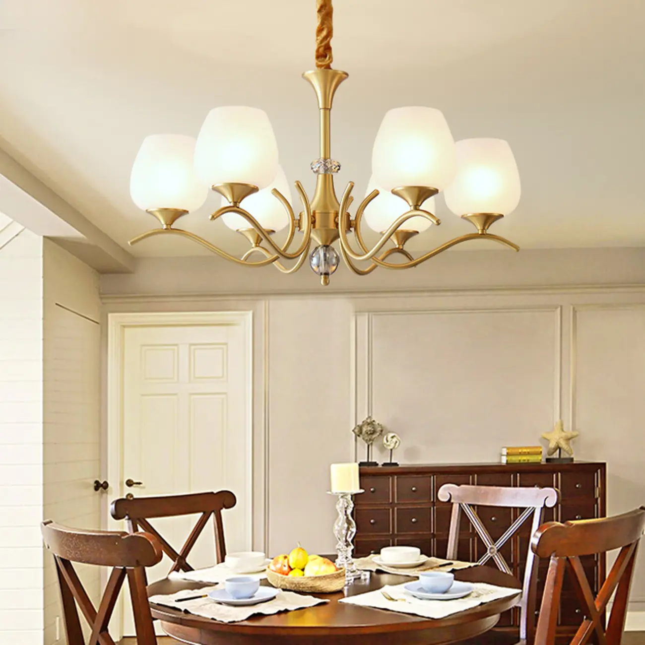 Mid-Century Modern White Glass Elegant Gold Chandelier