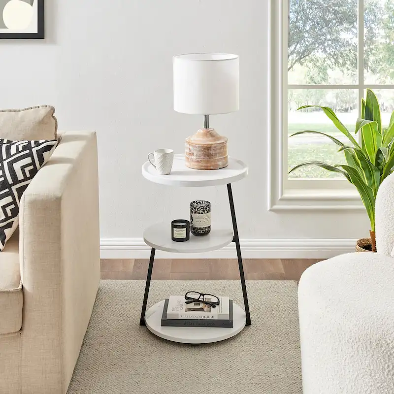 Skylar Round 3-Tier Side Accent Table with Raised Lip Edge Tabletop and Midcentury Modern Metal Asymmetric Pedestal Legs