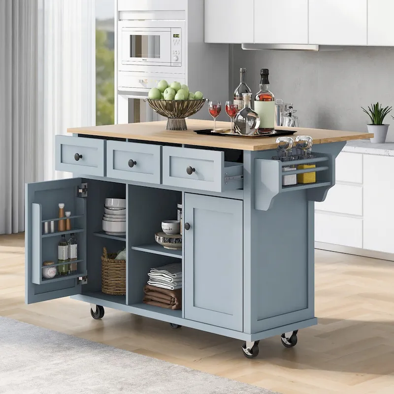 Kitchen Cart With Rubber Wood Drop-Leaf Countertop