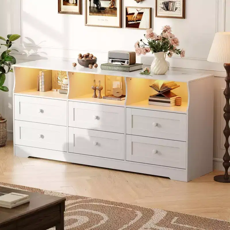 6-Drawer Dresser with RGB Lights & Power Outlet, Black / Gray / White