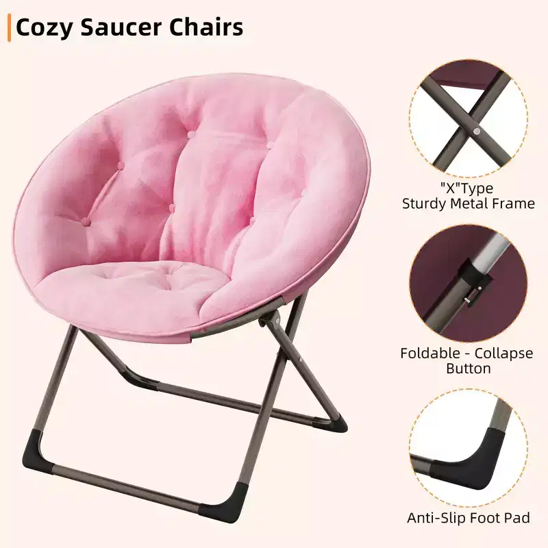 Comfy Saucer Chairs, Folding Reading Lounge Chair, Cozy Faux Fur Living Room Chair with Soft Thick Padded Seat Metal Frame, Modern Style Home