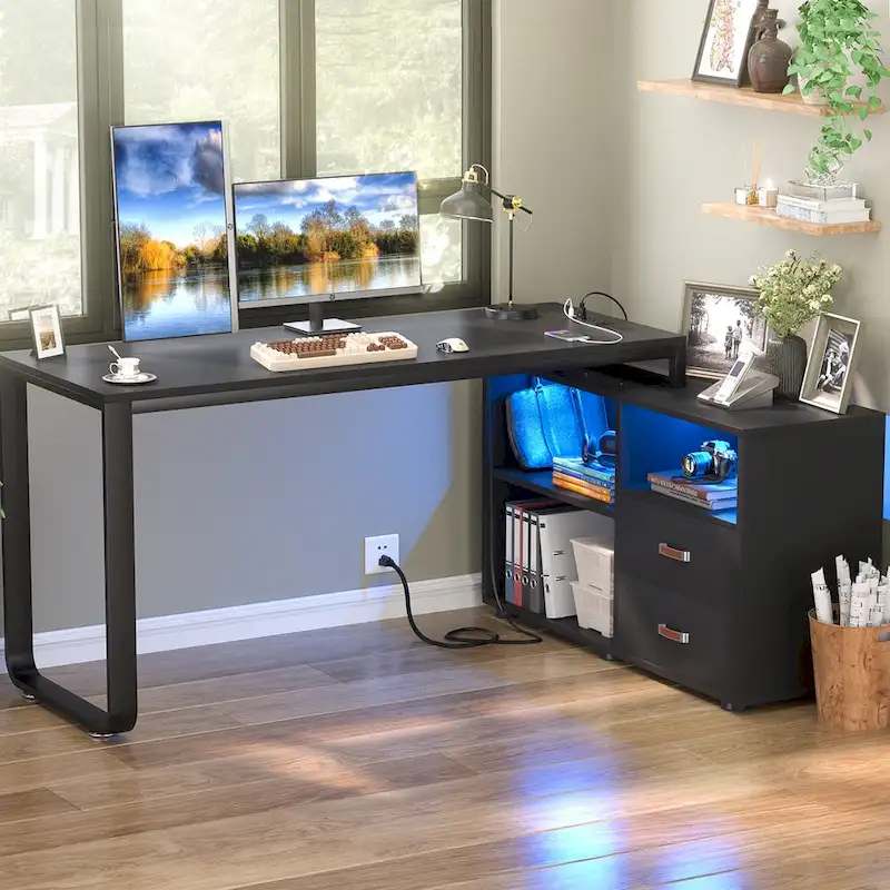 Reversible 55  L Shaped Desk with File Cabinet & Power Outlet,Corner Computer Desks with LED Strip  Drawer