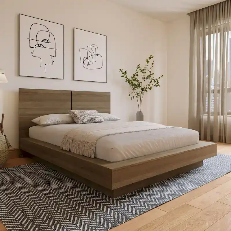 Platform Bed with Headboard, No Box Spring, Engineered Wood, Brown Oak/Natural Blonde Oak