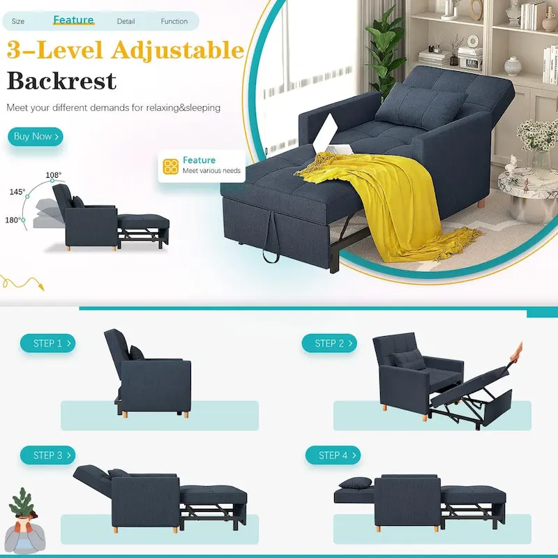 AECOJOY 3 in 1 Sleeper Sofa Chair w/ Pillow &Convertible Backrest