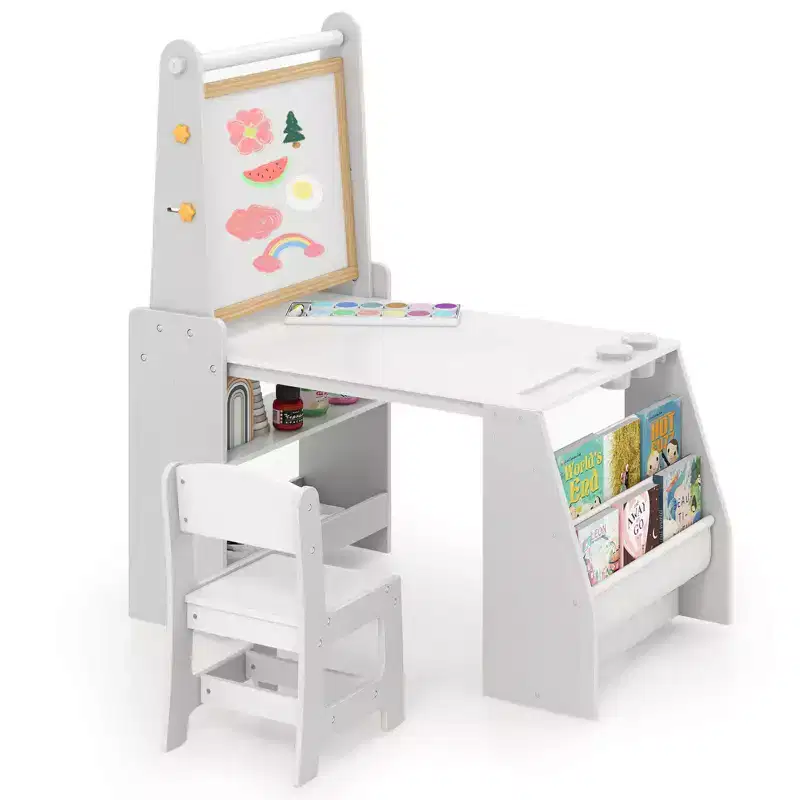 Costway Kids Art Table and Chair Set with Easel & Chair Whiteboard & Chalkboard Paper Roll
