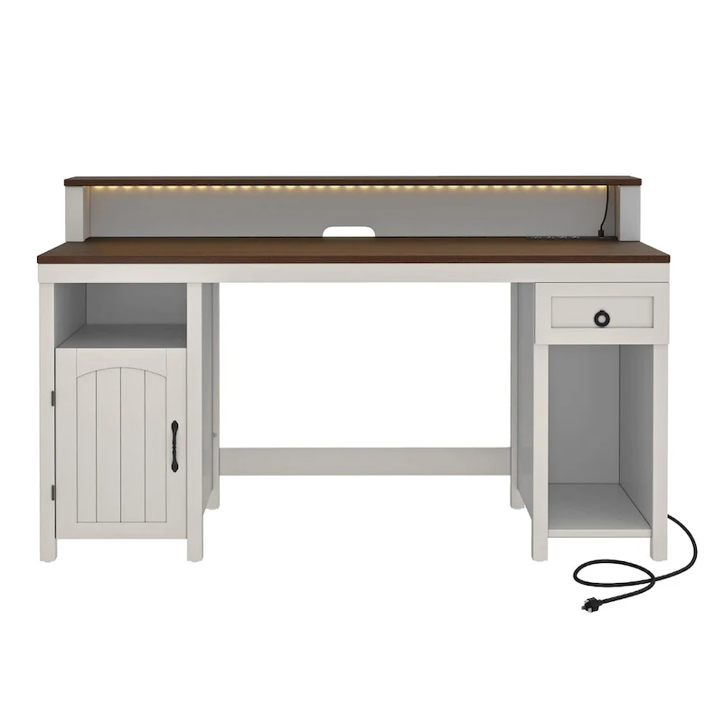 Farmhouse Wood Office Desk with Drawer and LED Strip & Power Outlets