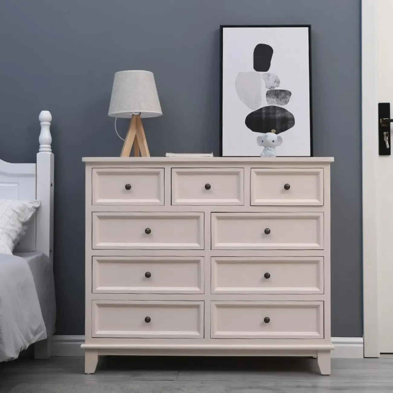 Elegant Wooden 9-Drawer White Dresser with Metal Handle