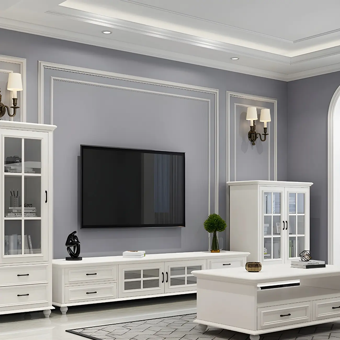 63 Adjustable White Wood TV Stand with Cable Management